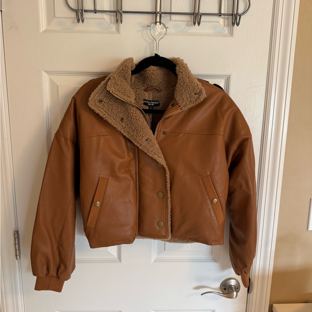 NWT Brown Faux Leather Jacket with Shearling Lining